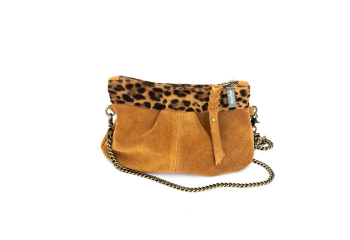 Image of the front of the cognac suede purse with a leopard printed cowhide