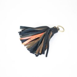 Keychain made of blue assorted pieces of leather.