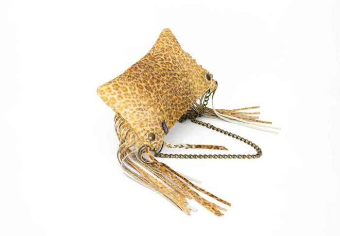Close-up of the front of the bag and golden chain.
