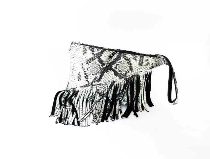 Picture of the front of the python Z clutch with fringes.