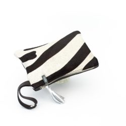 Close-up of a black and zebra print small evening bag with wrist handle.