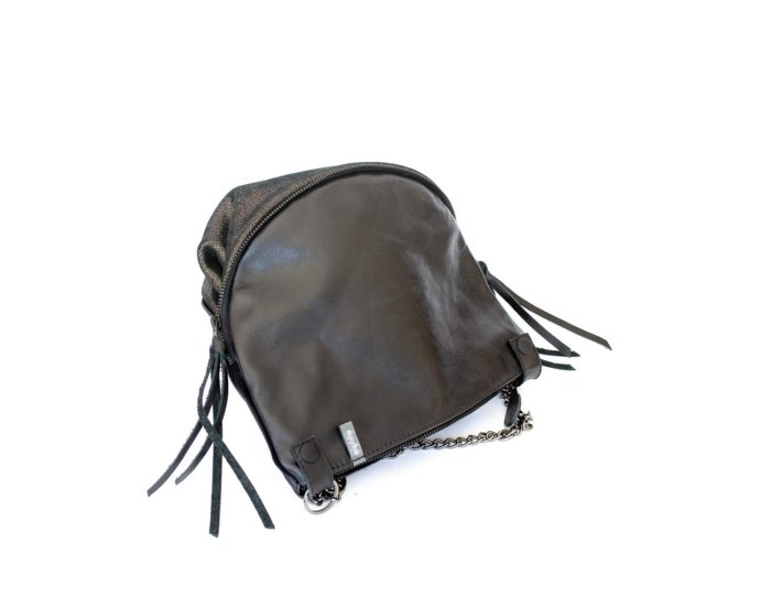 Close-up of the front of the black and brown Parisian handbag.
